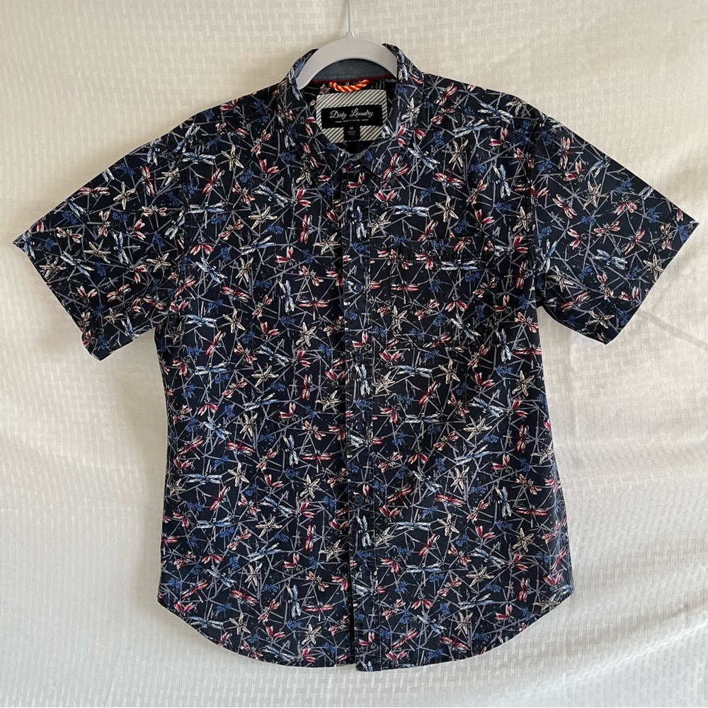 Dirty Laundry Button Up Short Sleeve Fireflies Shirt Navy Blue Size Medium